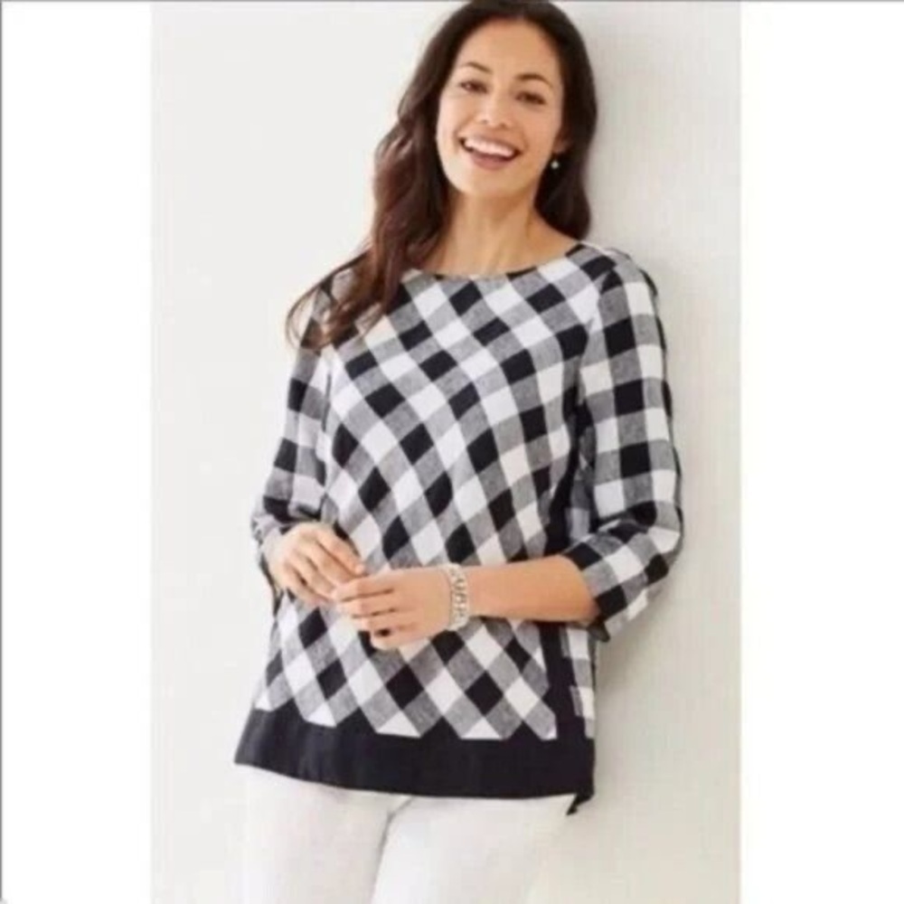 J Jill Love Linen Black White Check Buffalo Plaid Gingham Blouse Small